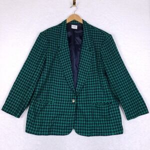 Koret Houndstooth Blazer Green Navy One Button Jacket Long Sleeve 26W Preppy